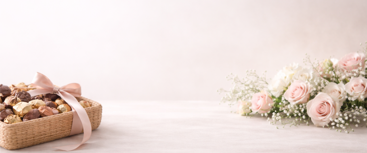 A chocolate gift basket and soft pink roses on a linen table